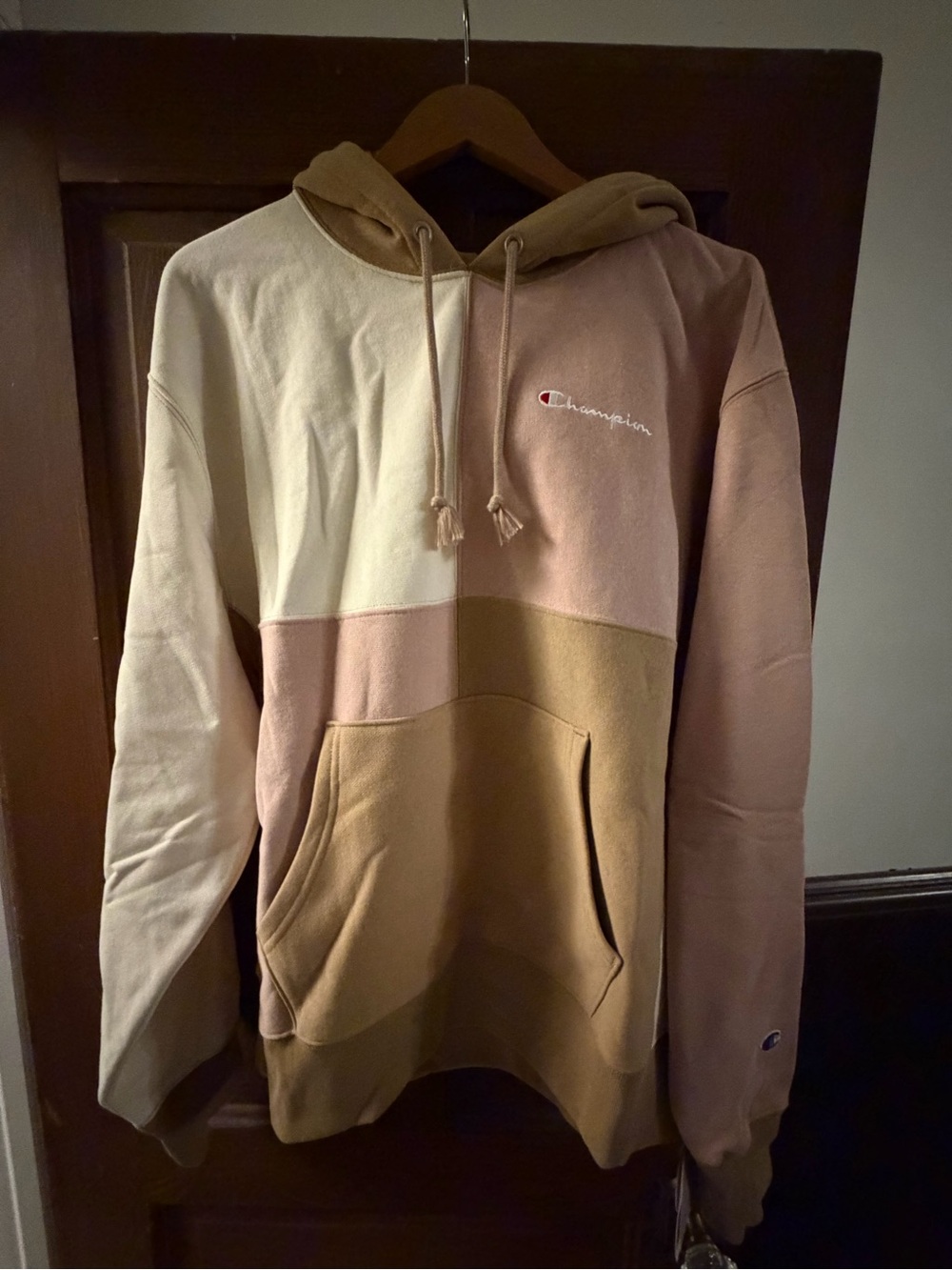 Champion Men’s Colorblock Hoodie in Cream, Pink & Tan